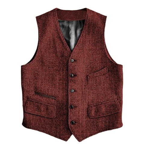 Image of SOLOVEDRESS Mens Vintage Classic Herringbone Pattern Suit Vest V Neck Casual Wool Blend Waistcoat for Men