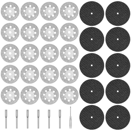 JIZZU 20Pcs Mini Disque Diamant à Tronçonner et 10Pcs Mini Disque de Coupe en Résine, Disque Dremel pour Metal avec 6Pcs Mandrin de 3mm, Dremel Accessoires...