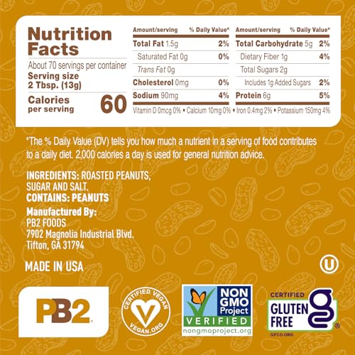 PB2 Original Powdered Peanut Butter - 6g of Protein, 90% Less Fat, Certified Gluten Free, Only 60 Calories per Serving, Perfect for Protein Shakes, Smoothies, and Low-Carb, Keto Diets