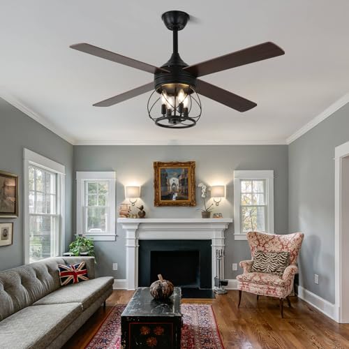Image of 52 inch Farmhouse Rustic Caged Chandelier Fan with Light