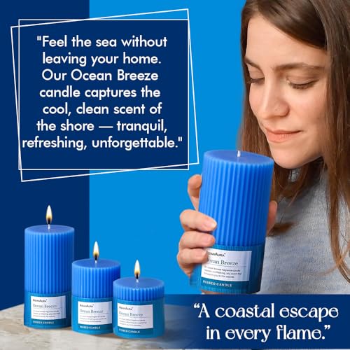 Image of ASIAN AURA Ribbed Pillar Candles - Pack of 3 | Scented Candles for Home Decor, Gifting & Festive Use | Long Burn time up to 36hrs | Clean-Burning Wax & Smokeless Flame (Ocean Breeze)