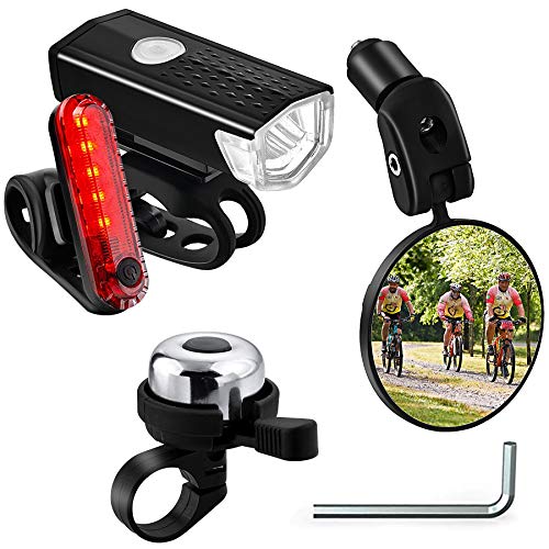 Ornalry Bicycle Accessories 4 PCs Include Bike Rearview Mirror, Rechargeable Bicycle Light Set - Front Headlight and Back Tailight, and 1 Bike Bell Brass (with 2 USB Cable)