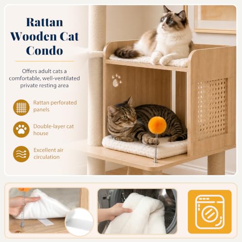 Image of Hey-brother Wooden Cat Tree Tower with Rattan Condo, Big Platform, MPJ122BT