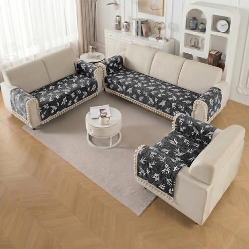 Image of Story@Home Chenille Sofa Mat 76x178Cm & Arm Rest Covers | Anti Slip 3 Seater Sofa Cover for 1 /2 /3 Seater & L Shape Sofa Cover | Measure Your Sofa & Create Your Own Customized Set - Slate & Snow