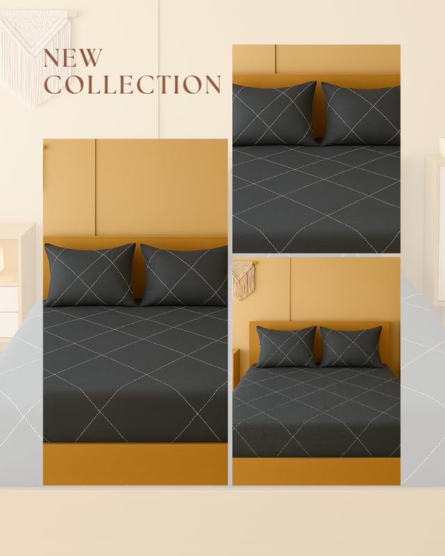 Image of NEW LEAF 320 TC Cotton All Around Elastic Fitted Printed Bedsheets King Size, Premium Fitted Bedsheets King Size for Double Bed with 2 Pillow Covers, Size- 78 inch x 72 inch Dark Grey