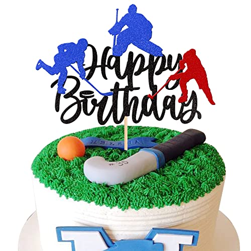 1 PCS Hockey Happy Birthday Cake Topper Glitter Ice Hockey Player Sports Theme Cake Pick Decorations for Hockey Theme Baby Shower Boys Girls Birthday Party Supplies Black