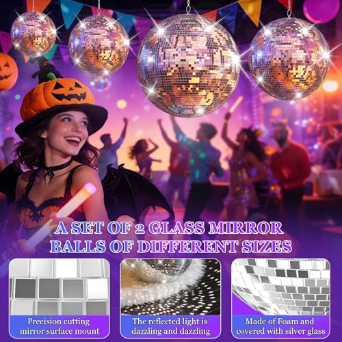 2 bolas espejadas, grandes bolas para discoteca para decoración de fiestas, bolas gigantes colgantes con baldosas reflectantes de vidrio, bola para exterior para efectos de luces DJ, celebraciones de bodas y cumpleaños (plata, 16 pulgadas + 20 pulgadas) miniatura 5
