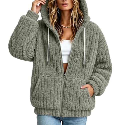 XOGWVJ Fleece Jackets for Women Hooded Sherpa Zip Up Warm Coat Textured Casual Fall Winter Sweatshirts Outerwear with Pockets Womens Bed Jacket Gray S - image 5
