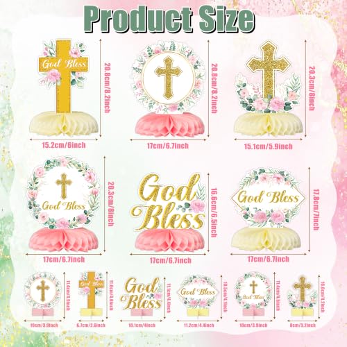 Image of ANGOLIO 12P Pink Floral God Bless Baptism Honeycomb Centerpiece Decorations | Glitter Gold Cross First Communion Party Supplies, Girl Baby Shower Table Decor, Religious Pastor Anniversary, Gender Reveal