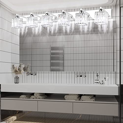 Image of Aipsun Bathroom Vanity Light Fixtures 6 Light Chrome Vanity Light for Bathroom Crystal Vanity Lighting Fixtures (Exclude Bulb)