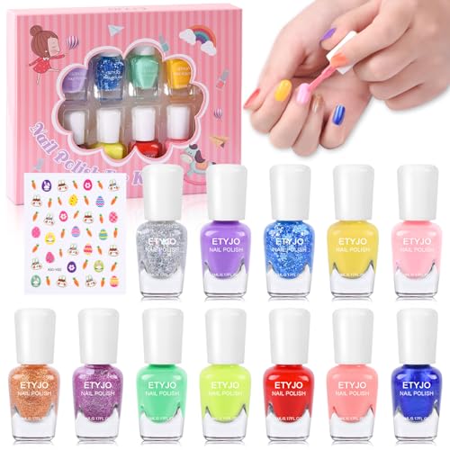 ETYJO 12 Rainbow Colors Peel-Off Kids Washable Quick Dry Girls Nail Polish Kit for Kids Teen Little GirlsToddler Ages 3-12