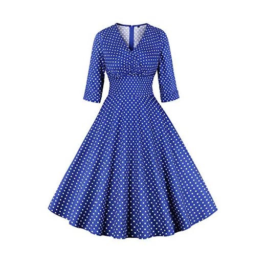 AXOE dam, 60-tals klänning, cocktailklänning, aftonklänning med 3/4 ärmar, Blå polka prickar, 3XL/4XL
