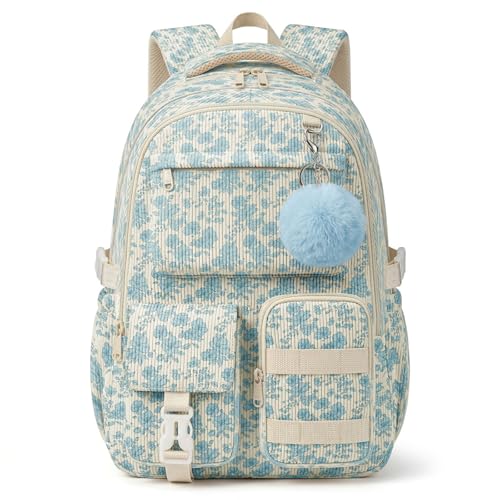 shiprabags Corduroy Backpack for Teen Girls, Aesthetic Cute Blue Floral School Backpack with Multi-Pocket, Lightweight Bookbag Fits 15.6 Inch Laptop, Large Capacity Casual Daypack for School Travel