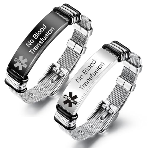 2 Packs Medical Alert ID Bracelet for Men Women,Custom Name ICE Engraved Identification Bracelets Adjust Mesh Chain Wristband Emergency Awarenes Jewelry for Diabetic Autism Allergy Epilepsy