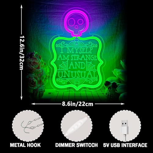 Image of I Myself Am Strange and Unusual Neon Sign Dimmable Spooky Gothic Haunted Mansion Decor Coffin LED Neon Signs for Wall Decor,USB Powered Led Neon Light for Party Haunted House Man Cave Birthday Christmas Gifts