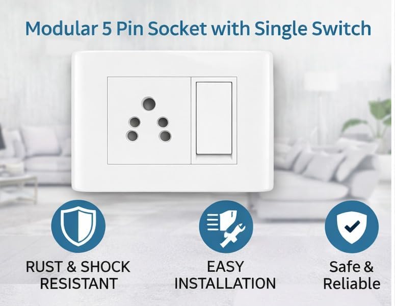 Image of Modular 5 Pin Socket with Switch, 6A Polycarbonate Switch Board Plate for Home & Office
