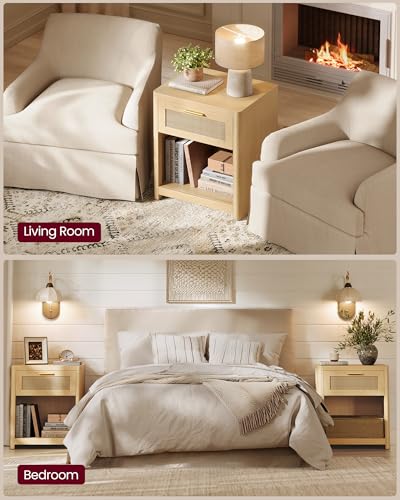 Image of VASAGLE Set of 2 Boho Nightstands with Rattan-Look Drawer | Accent Side End Tables, Open Compartment, Rounded Corners, for Bedroom Bedside, Oak Beige, ELLAN Collection ULET818YC01