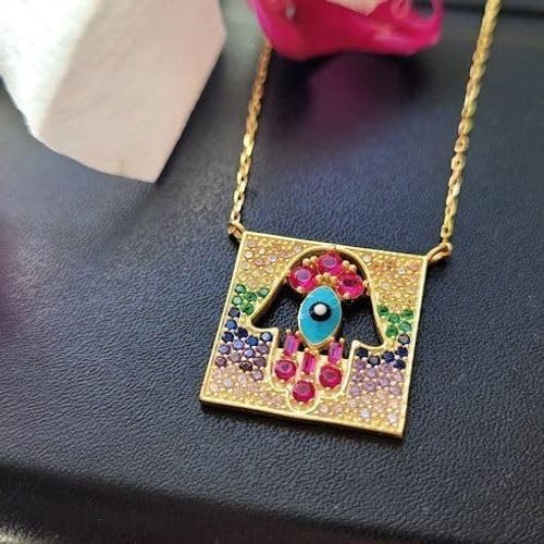Alef Bet by Paula Golden Hamsa Hand and Evil Eye Pendant With Gemstones of Color for Women on Gold Plated Adjustable Length Chain Necklace - Image 5