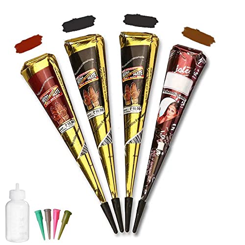 Temporary Tattoo kit，4Pcs Tattoo Cones,100% Natural Ready to Use Black Tattoo Paste, India Body DIY Art Painting for Women Men Kids with 20 Adhesive Stencils, 1 Bottle, 4Nozzles
