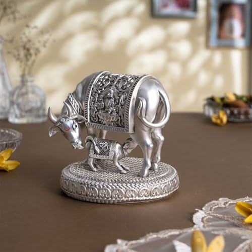 Image of Svastika 999 Silver Plated Kamdhenu Cow with Calf Idol | 4.5 Inch Premium Kamadhenu Vastu Showpiece | Gift Boxed | Wedding Housewarming for Couples