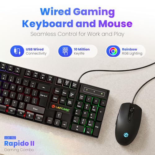 Image of LAPCARE Rapido II Wired Gaming Keyboard & Mouse Combo with Rainbow LED Backlit, 104 Laser Printed Keys, 1600 DPI Gaming Mouse, USB Plug & Play, Windows Compatible