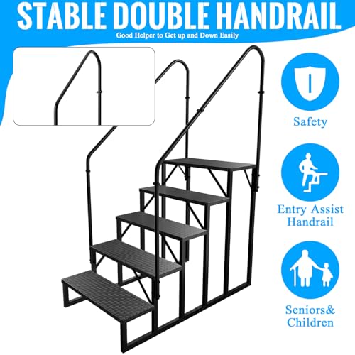 Image of RV Stairs 5 Step Ladder, RV Steps Anti-Slip, Hot Tub Steps with Handrail, 660 lbs RV Ladder for 5th Wheel RV, Mobile Home Stairs(2 Handrails
