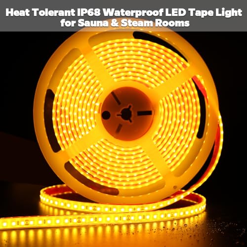 Image of SuperlightingLED DC24V Warm Amber Gold Sauna LED Tape Light 2000K, 5m 16.4ft Long Dense 600 LEDs Flexible Customizable High-Heat Resistant LED Strip Lights IP68 Submersible (Amber Gold)