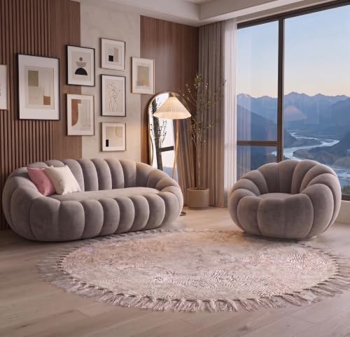 Image of CRAFTCITY Pumpkin Style Wooden Sofa | Contemporary Wool Sofa with Swen Pillow Back for Living Room (Grey, 4 Seater)