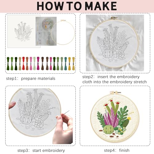 Image of INFUNLY 4 Pack Tropical Plants Embroidery Kit for Beginners Adults Cactus Embroidery Starter Kit Punch Needle Embroidery Kits Palm Leaf Cross Stitch Kits with Patterns Instructions for DIY