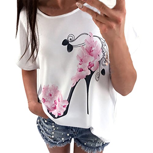 Longra Donna Maniche Cotone Elegante Maglietta Donna Camicia in Cotone con Maniche Corte Stampa Bluse Moda Camicetta O Collo Shirt Estate Estive Casuale Tacchi Alti Bluse (3XL)