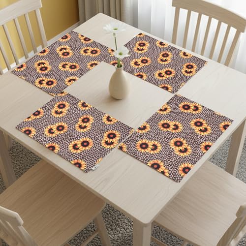 Image of Dining Table Mats Set of 4 - Sunflower Animal Print Theme,Digital Print, Washable, Indoor /Outdoor, Heat-Proof, Wipe & Clean (47X33 cm) Yellow & Brown