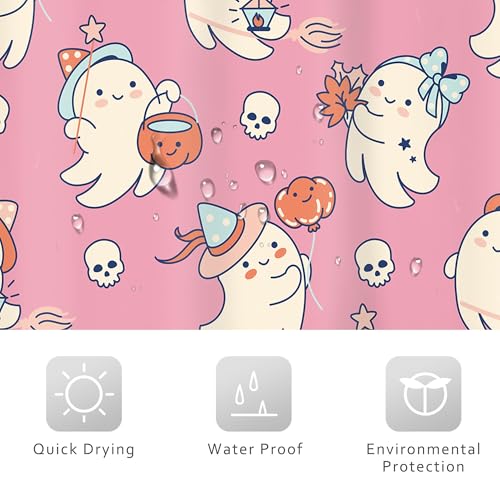 Image of Pink Halloween Shower Curtain Funny Ghost Cute Skull Pumpkin Bathroom Decor | 72 X 72 Inches Halloween Home Decor Fabric Polyester Waterproof 12 Pack Hooks