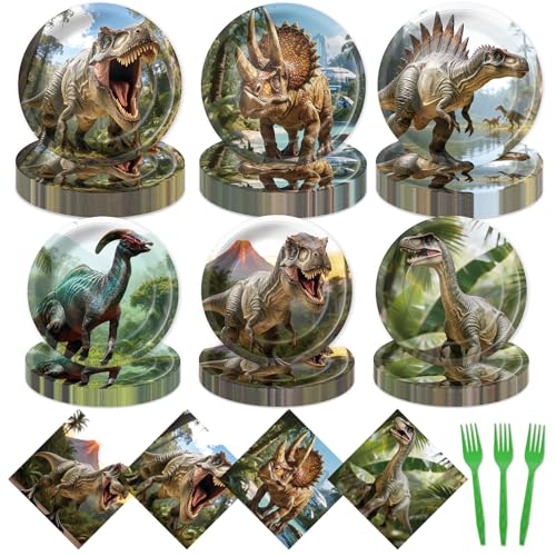 96Pcs Dinosaur Birthday Party Decorations for Dino World Disposable Tableware Sets Dinosaur Paper Plates Napkins for 24 Guests Boys Kids Baby Shower Birthday Dino Theme Dinnerware Table Party Supplies