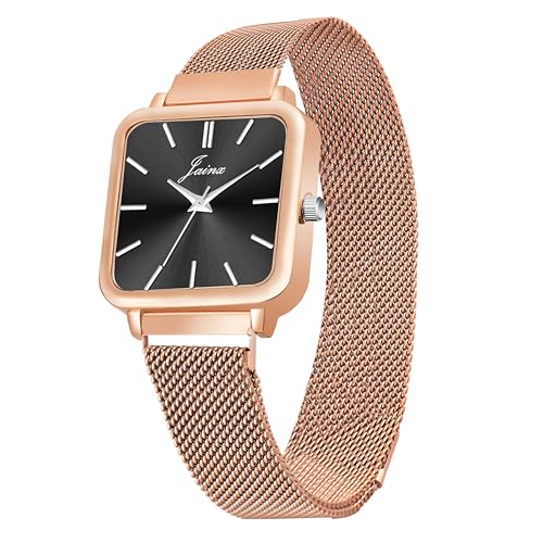Image of jainx Square Dial Rose Gold Mesh Chain Analog Wrist Watch for Women (Rose Gold /Brown /Black /Silver /Green Color Dial)