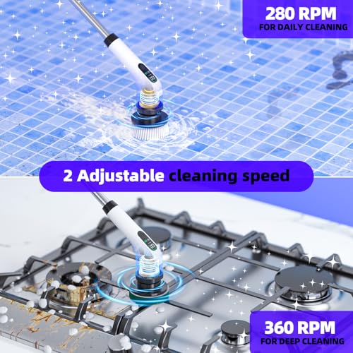 Image of Electric Spin Scrubber, IPX7 Waterproof Power Shower Scrubber with Extension Handle, 7 Replaceable Brush Heads & 3 Hard Bristle Crevice Cleaning Brushes Cleaning Supplies for Bathroom Tub Tile Floor