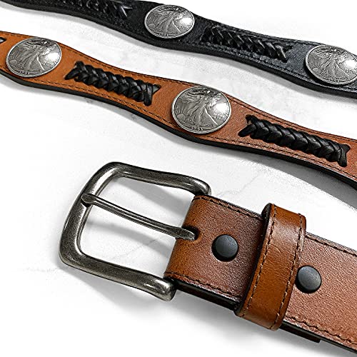 Western Floral Engraved Conchos Belt Genuine Full Grain Leather Belt 1-1/2"(38mm) Wide, Assembled in the U.S2