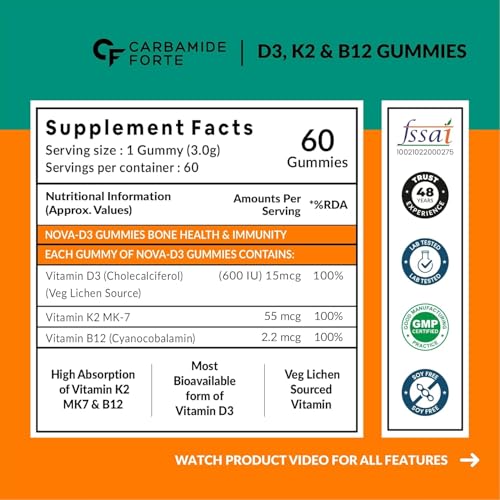 Image of Carbamide Forte Vitamin D3 K2 B12 Gummies | Vitamin B12 Supplements & Vitamin D Supplement | Vitamin K2 Supplements | Plant Based Veg Lichen Source D3 Supplement for Bone Health | Mango Flavor - 60 Gummies