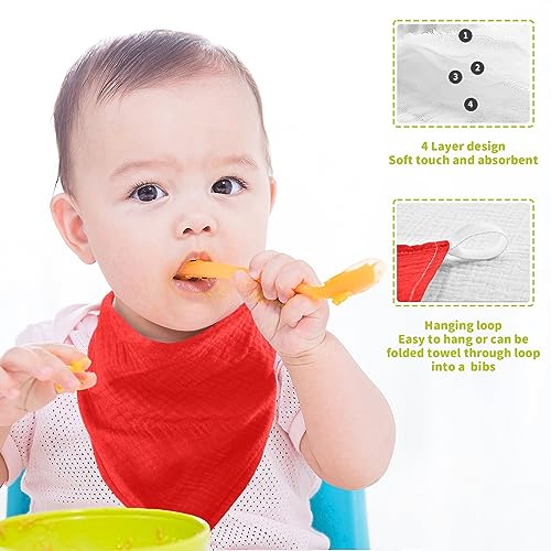 Image of YETTASBIN Red Solid Color Muslin Baby Hand Washcloths, Soft Cotton Bath Face Towel, 4 Layers Extra Absorbent Feeding Burp Cloth for Newborn Infant Sensitive Skin, 3 Pack
