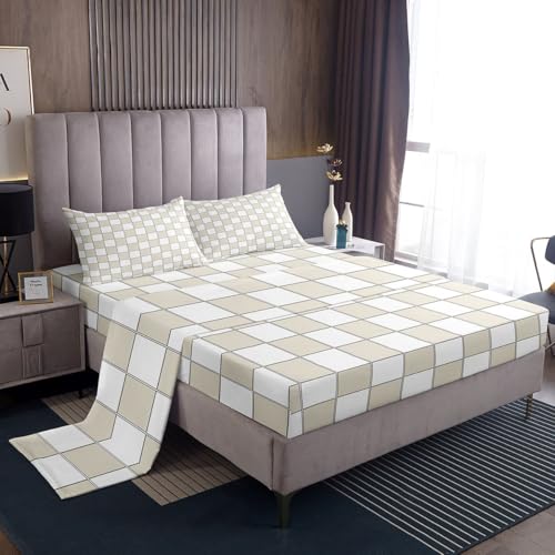 Image of Erosebridal Plaid Bed Sheets Full Beige White Checkerboard Sheet Set Geometric Checkered Bedding Set for Kids Boys Girls,Aesthetic Grids Fitted Flat Sheets 4 Piece