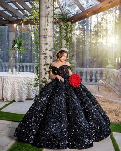 Mouccy Sparkly Sequin Prom Dresses Long Ball Gown Off Shoulder Quinceanera Dresses Puffy Glitter Evening Party Dresses4