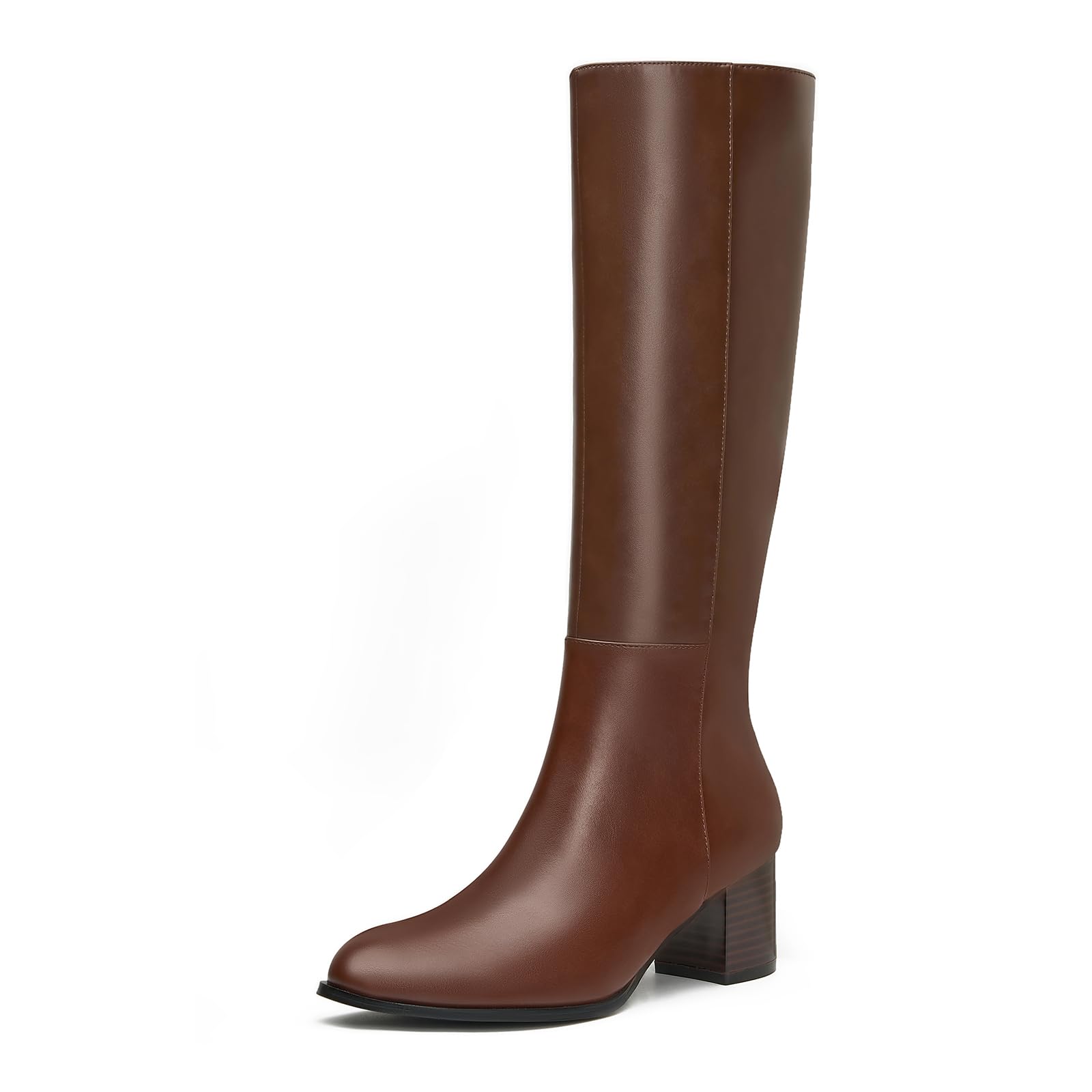 Knee High Boots Round Toe Chunky Block Boots with Side Zip Elastic Faux Leather Boots for Women