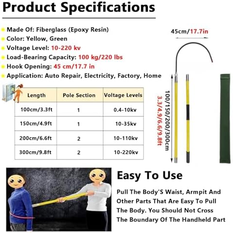 Portable Insulated Electrical Safety Rescue Hook - Lifesaving Pole for Emergencies, 100kg Capacity, 300cm Long, Ideal for First Responders and Outdoor Safety