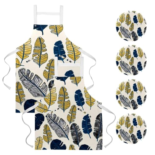 Lot de 2 tabliers de cuisine et service style monstera tropical