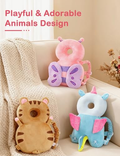Image of JunNeng Baby Head Protector Backpack for Walking Crawling, Purple Butterfly | Soft, Breathable, Adjustable, Baby Fall Back Head Protector for Falling
