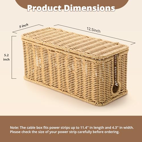 Image of ZhiYo Rattan Cable Management Box, Brown Cord Organizer, 12.5 inch x 5 inch x 5.2 inch | Handwoven imitation rattan cord hider box conceals power strips and cables for a clean desk or floor setup