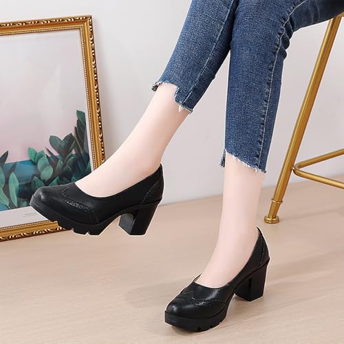 Women's Wingtip Pointed Toe Platform Chunky Heel Pumps Retro Slip on Comfort Anti-Slip Lug Sole Dress Block Heel Shoes for Business Office Work4