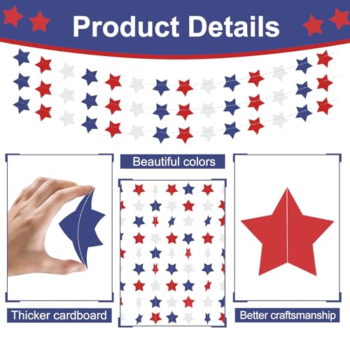 Image of 6 Pack Total 60 ft Patriotic Red White Blue Star Garland, Hanging Paper Stars Streamer Banner, USA American Flag Decoration for 4th of July, Memorial Day, Veterans Day, Independence Day Party Supplies