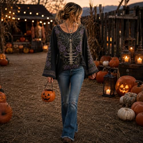 Womens Halloween Shirts Skeleton Shirt Floral Graphic Bell Sleeve Top - image 4