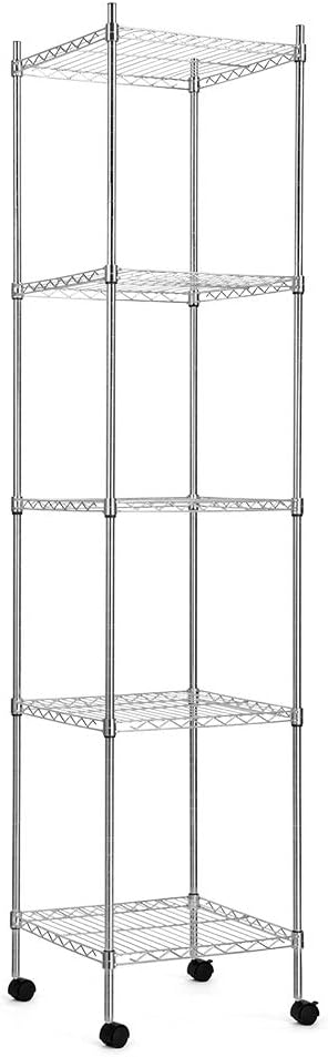 zanmini 5 Tiers Storage 265lb Capacity Shelving Rack Units with Lockable Wheels Shelf Free-Standing Organization Adjustable Feet Shelving Units for Kitchen Bathroom Office(13.39"x13.39"x60.63")