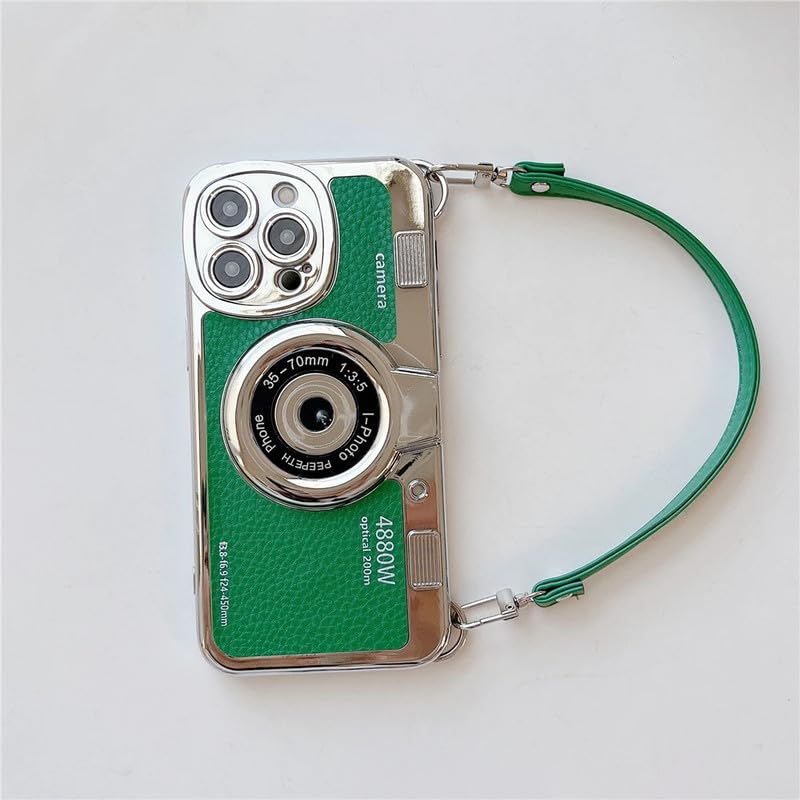 Image of LuxuryKase Retro Vintage Camera Style Case for iPhone 15 Pro | 3D Lens Design | Hand Strap | PU Leather Finish | Soft TPU Edge | Stylish Fashion Cover - Green